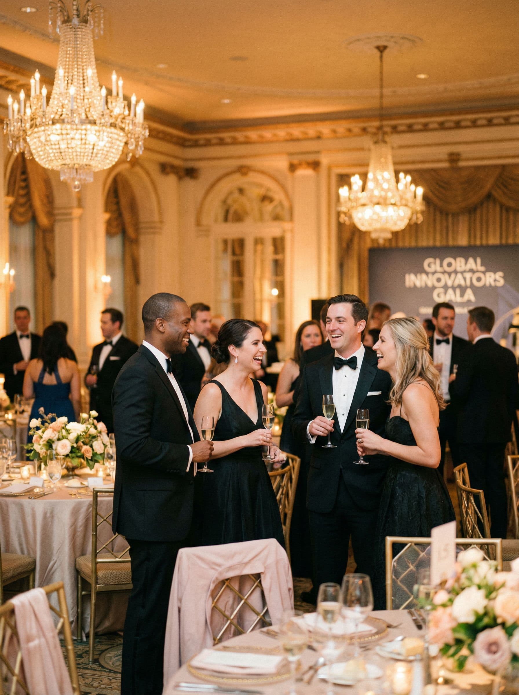 Guests with drinks at a black tie awards evening