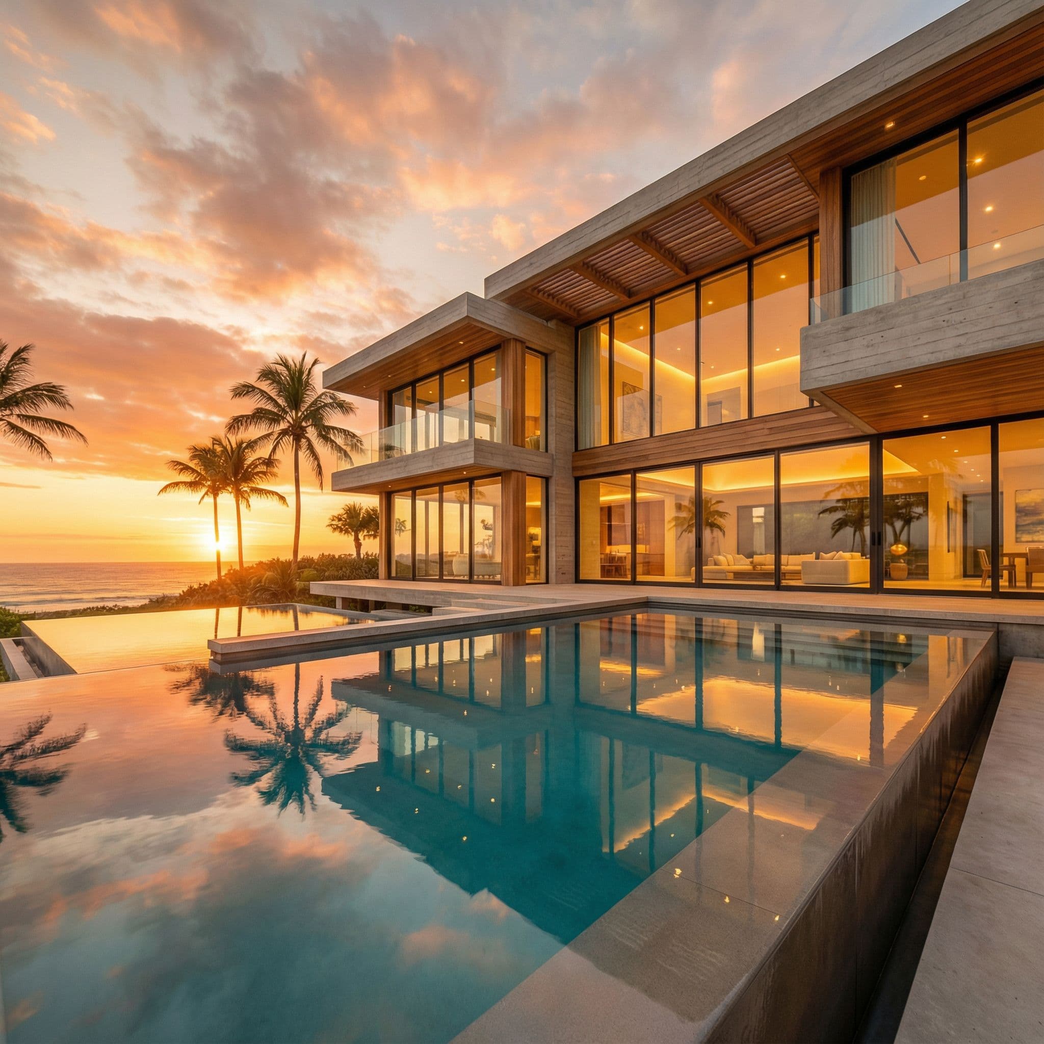 Modern house with an infinity pool at sunset