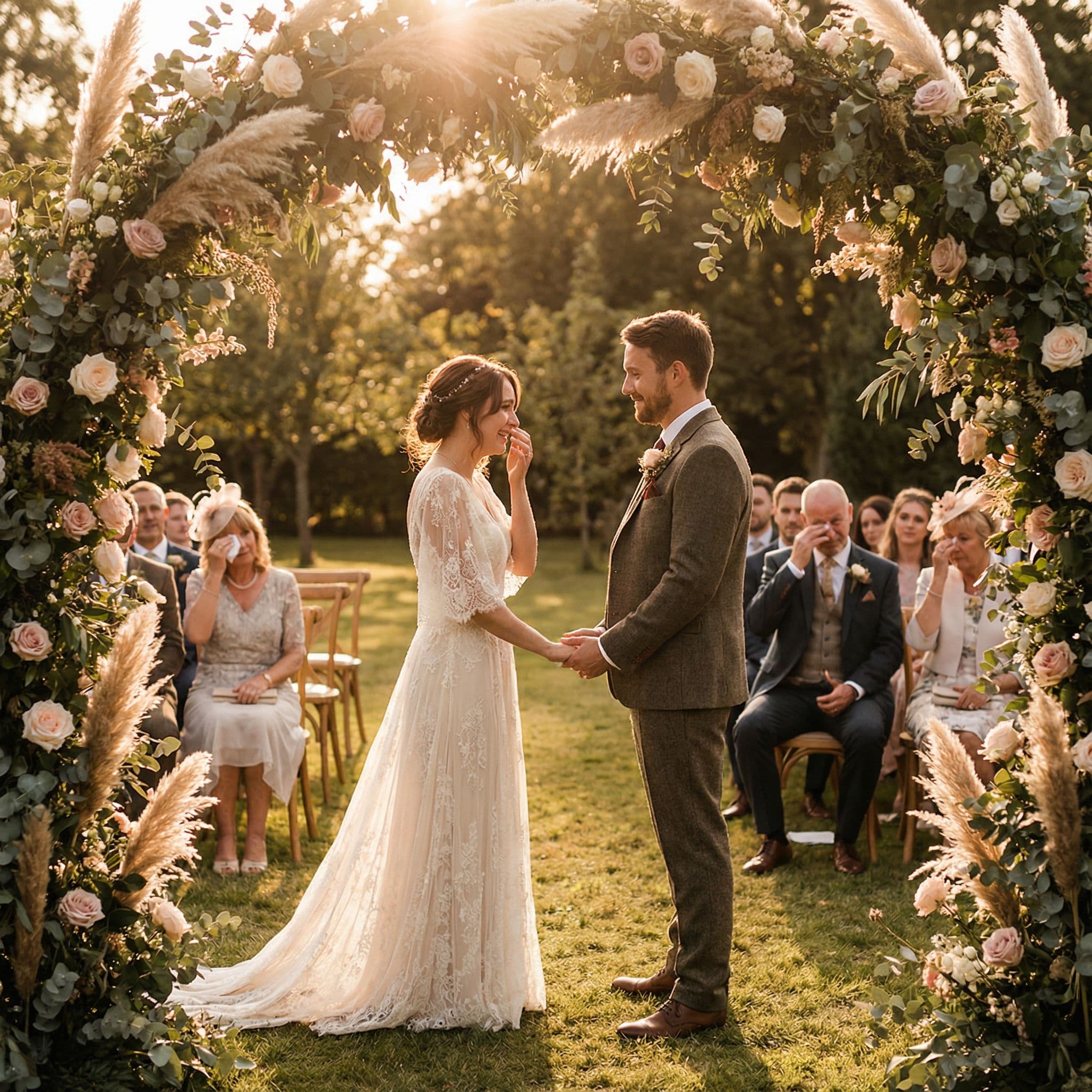 Outdoor wedding ceremony with a tiled watermark across the image