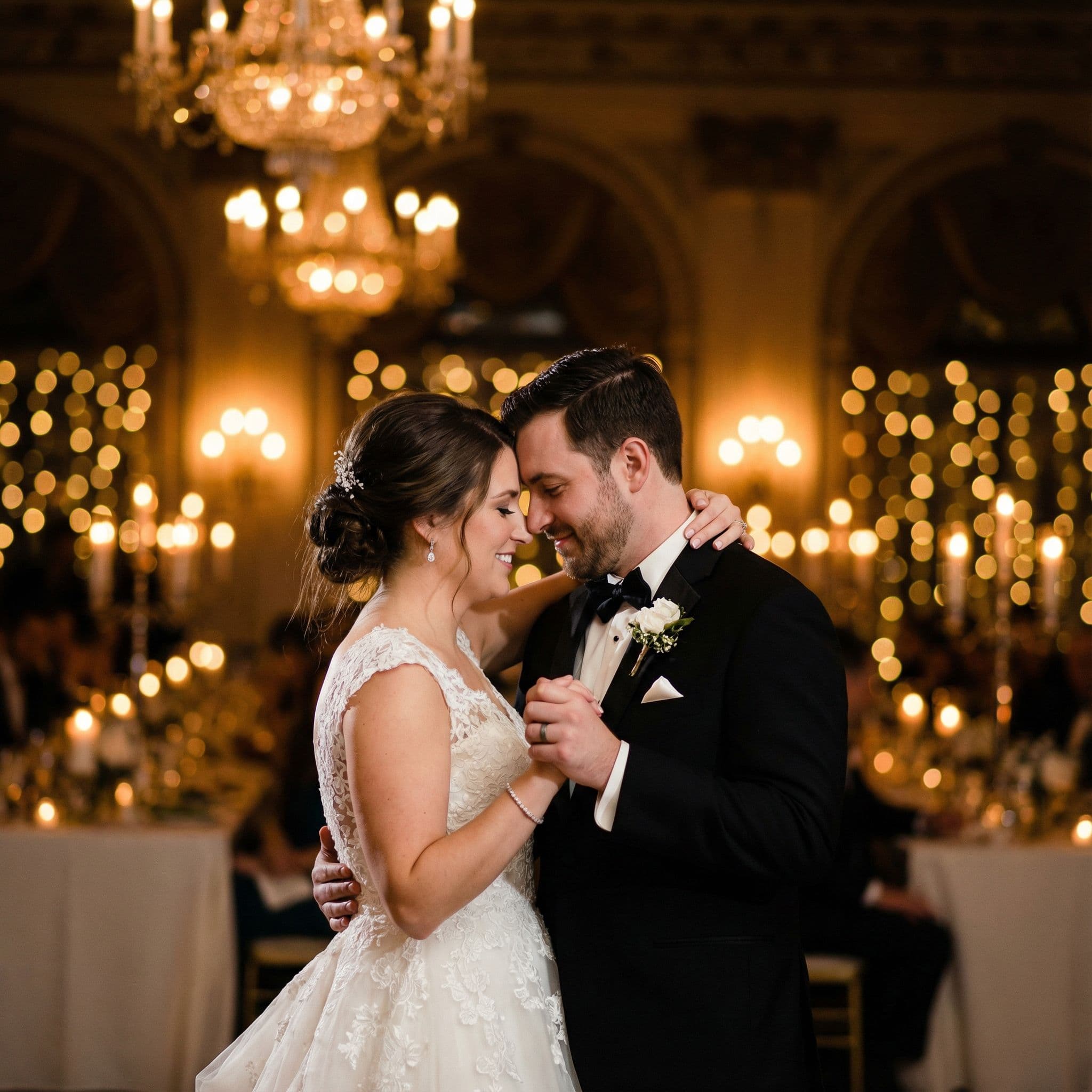 A couple dancing in a ballroom lit by chandeliers
