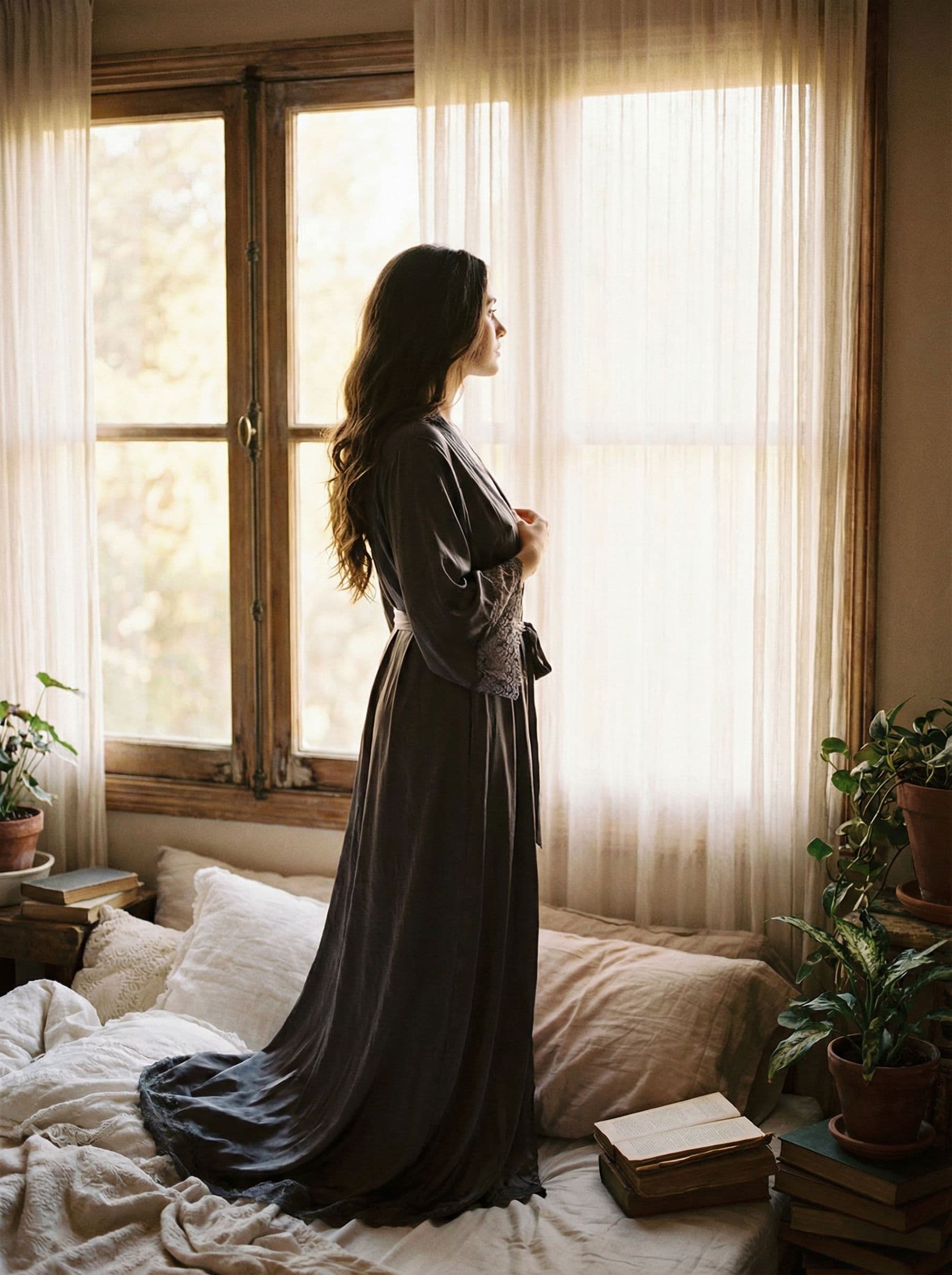Woman in a long gown by a bright window