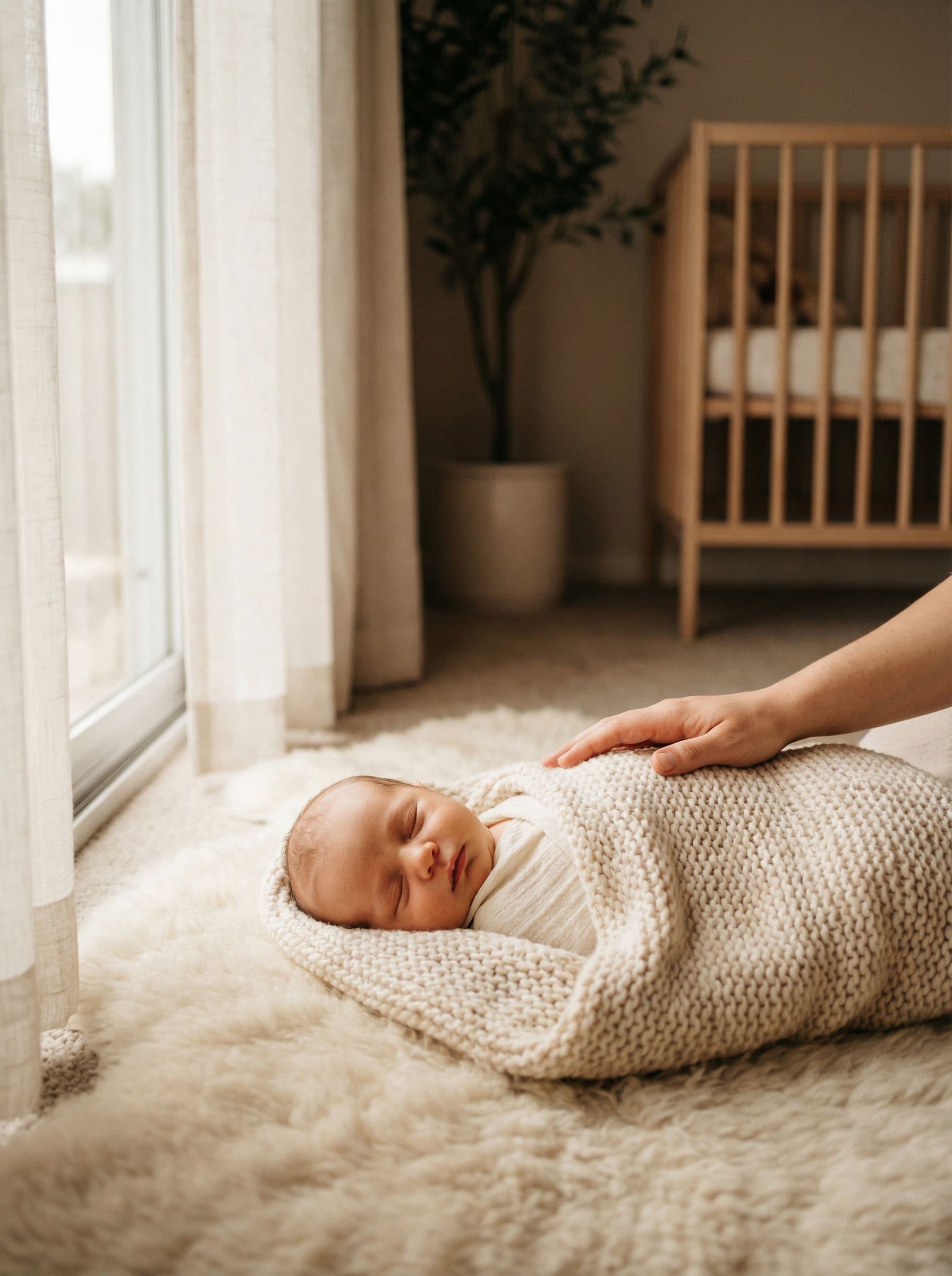 A newborn wrapped in a knit blanket