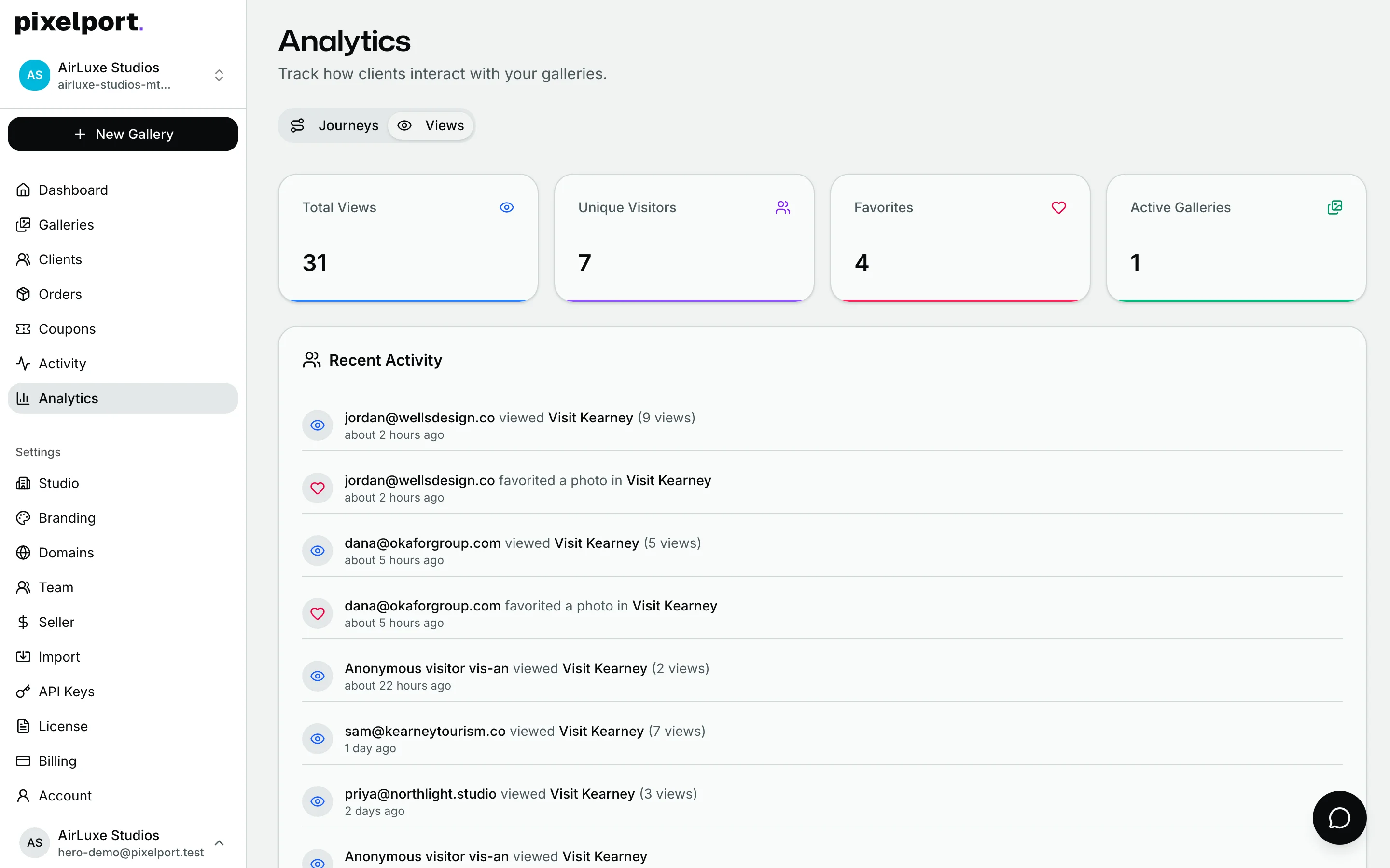 The PixelPort analytics dashboard with total views, unique visitors, and favorites, above a live feed of visitor activity