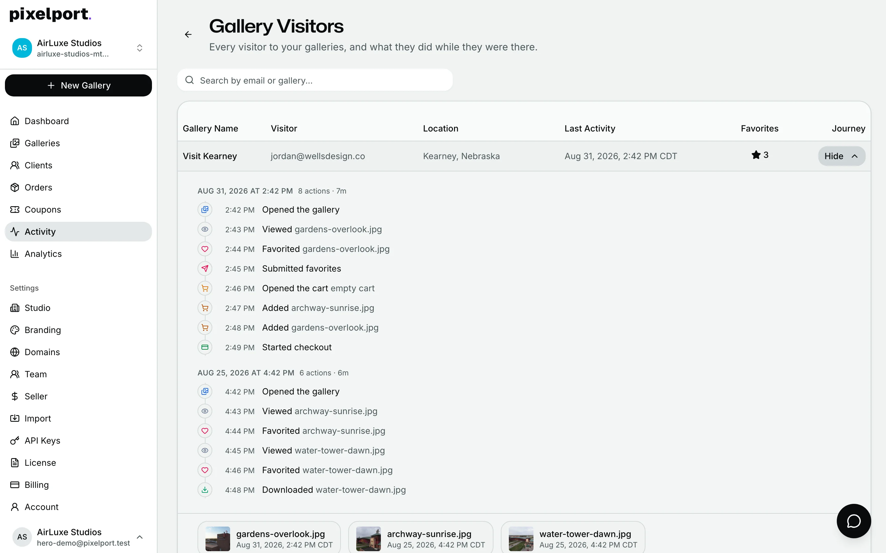 The PixelPort dashboard showing a visitor's journey timeline: opened the gallery, favorited photos, submitted favorites, added prints to the cart, and started checkout