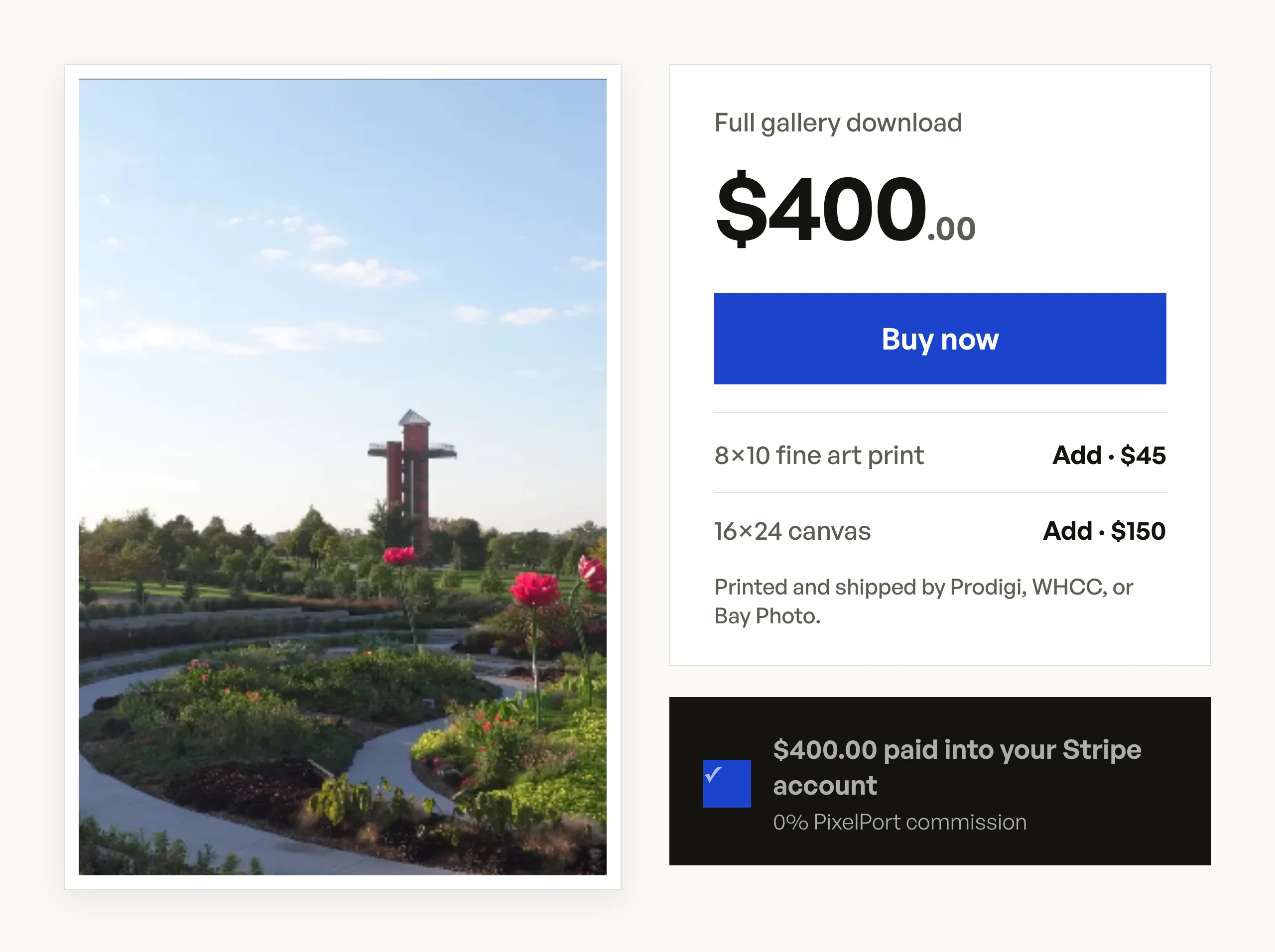 A gallery priced at four hundred dollars with print add-ons, and a receipt paying it into the photographer's Stripe account