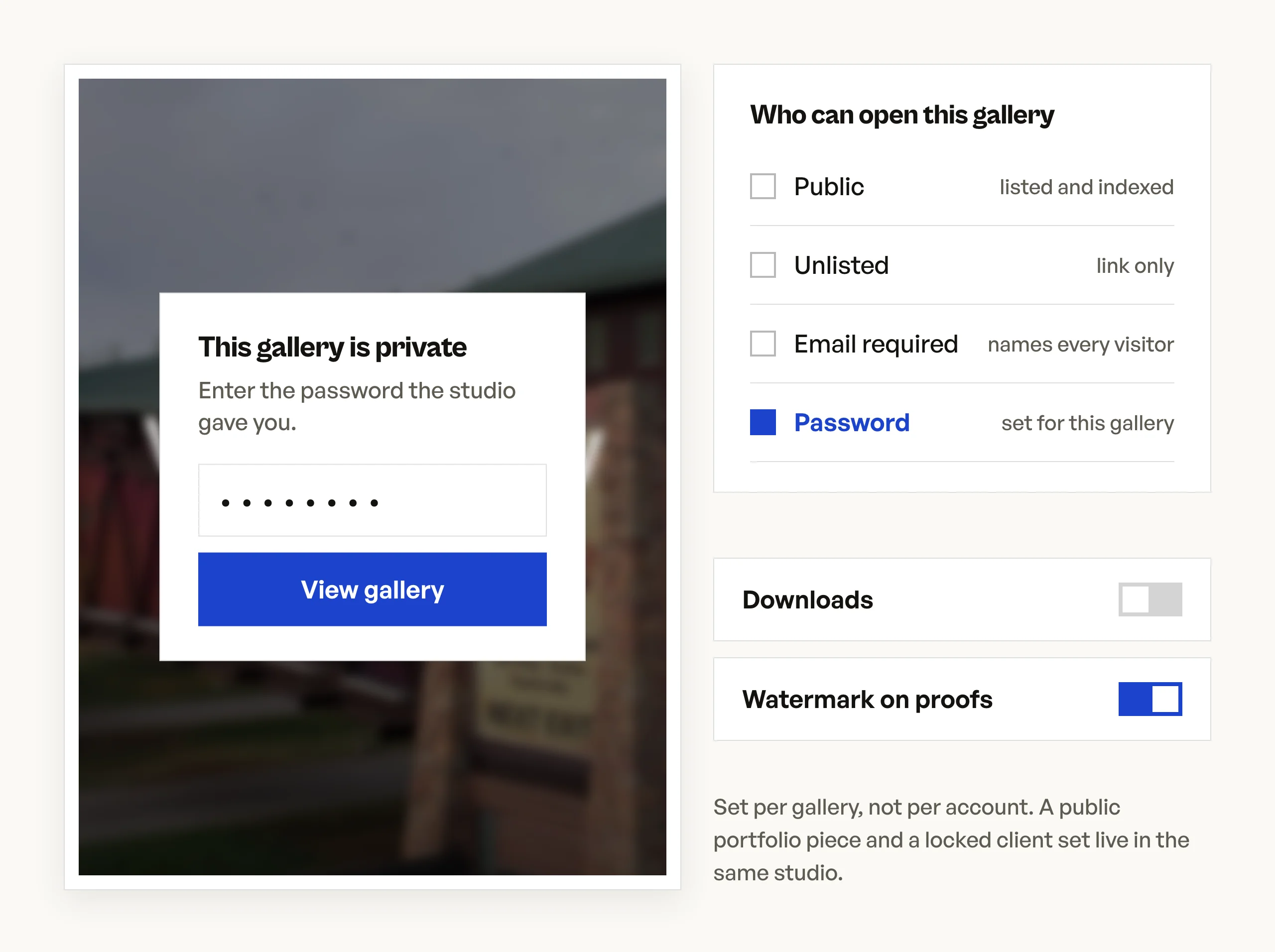 A password prompt over a locked gallery, beside the access settings that produced it